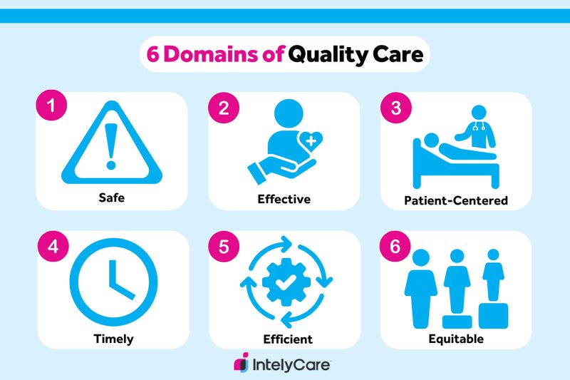 Infographic with images showing the six domains of quality care.